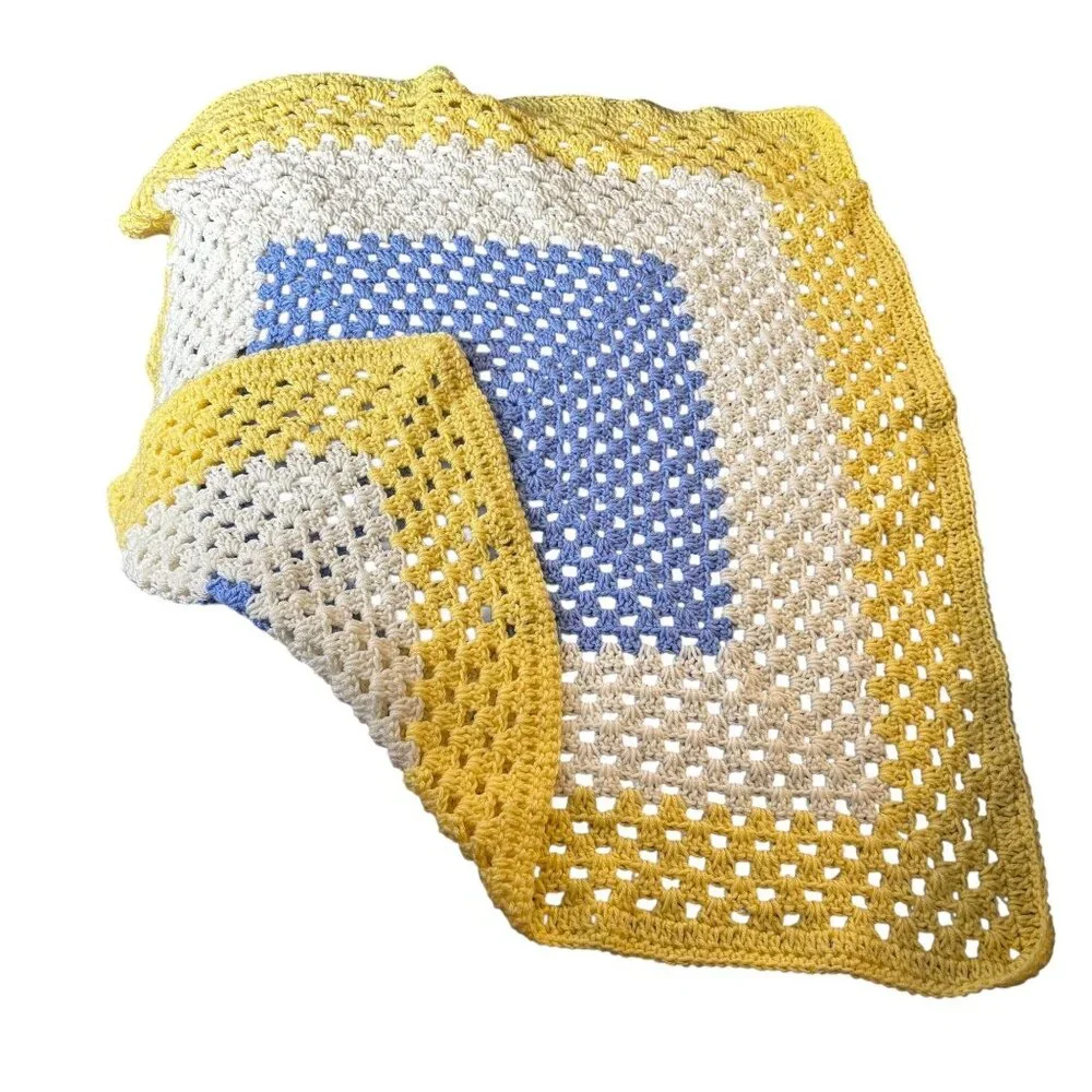 Handmade Crochet Knit Baby Crib Blanket Yellow White Blue Soft Cotton Throw
